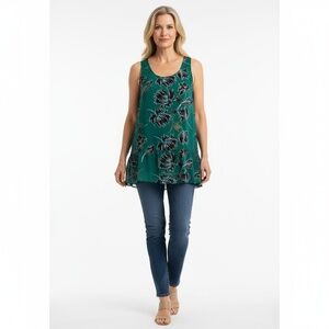 cabi Sleeveless Top Womens Size L Green Floral Ruffled Hem Sheer Boho Chic